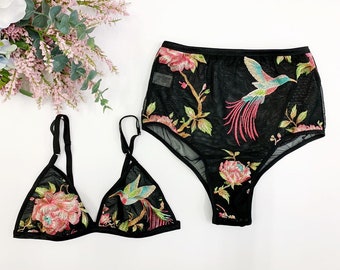 Embroidered floral lingerie set, boudoir lingerie, black bralette, high waist panties,embroidery, brazilian panty, bridal lingerie