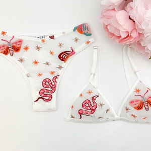 Embroidered Snake and Moth Lingerie Set, Triangle Bra, White Bralette ...