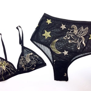 Black embroidered lingerie set, brazilian panty, celestial bralette, boudoir lingerie set image 1