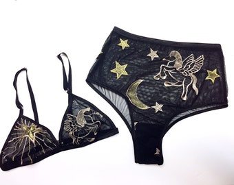 Black embroidered lingerie set, brazilian panty, celestial bralette, boudoir lingerie set