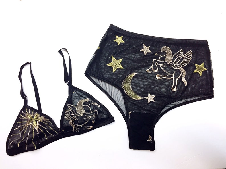 Black embroidered lingerie set, brazilian panty, celestial bralette, boudoir lingerie set image 1