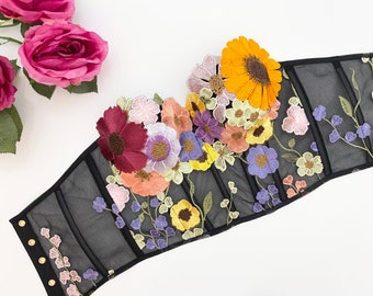 Embroidered black floral corset top, wedding corset, flower corset, prom corset, music festival fashion