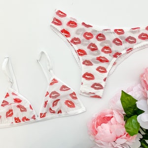 Kiss print lingerie set, triangle bra, lingerie set, high cut panties, lingerie set gift, valentines day, mesh lingerie