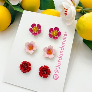 Hand painted floral stud earrings, statement earrings, bridal jewelry, floral jewelry, valentines gift image 1