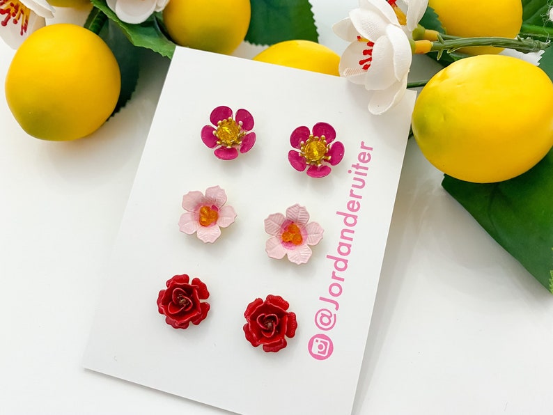 Hand painted floral stud earrings, statement earrings, bridal jewelry, floral jewelry, valentines gift image 1