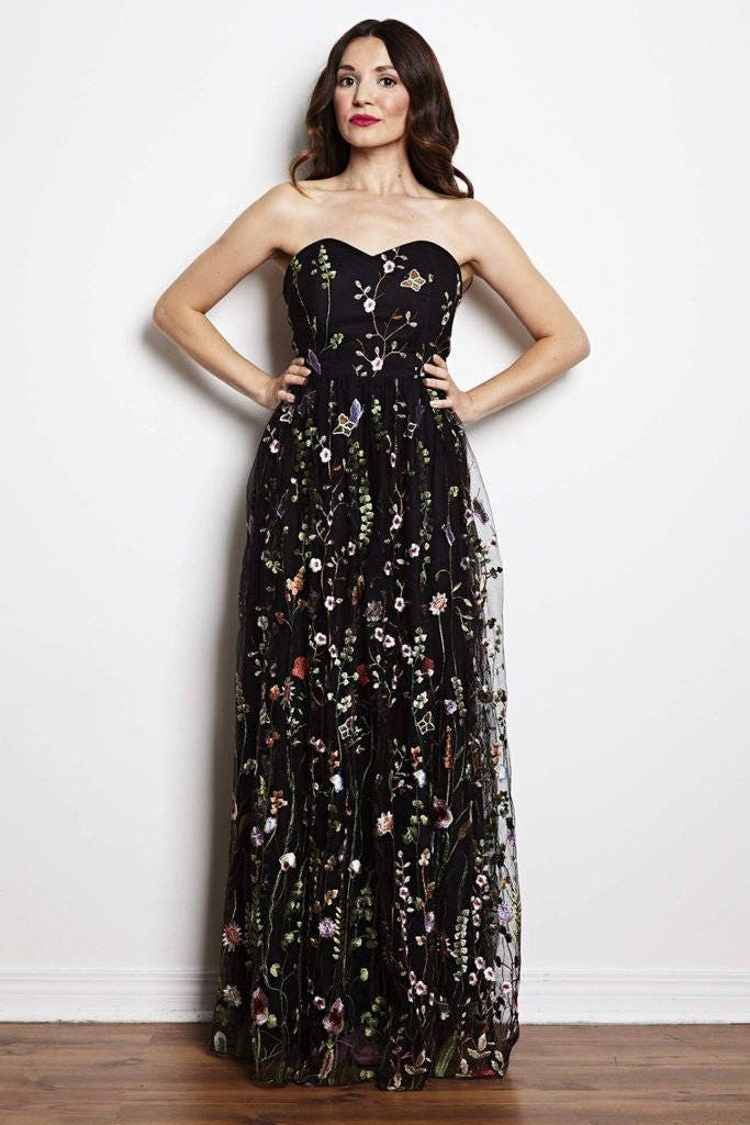 strapless floral embroidered dress MissJophiel Strapless Corset YellowFloral Embroidered Midi Dress Lavender Floral / Above Knee / US2