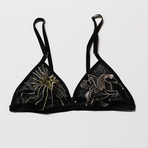 Embroidered bralette with celestial pattern, sheer mesh bralette image 3