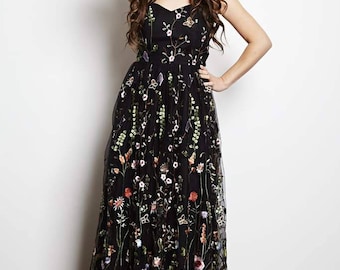 Black Embroidered Floral Gown: Strapless Maxi Dress