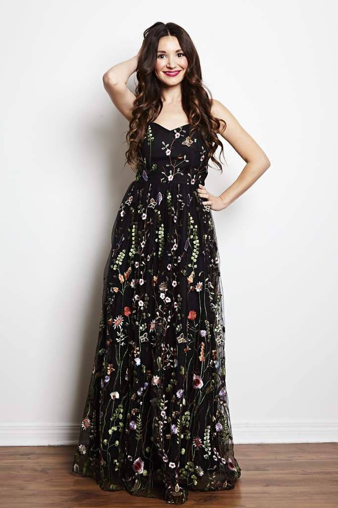 black maxi dress with floral embroidery Valentina Black Floral Embroidered Maxi Dress with Pleated Cape – Frock and  Frill