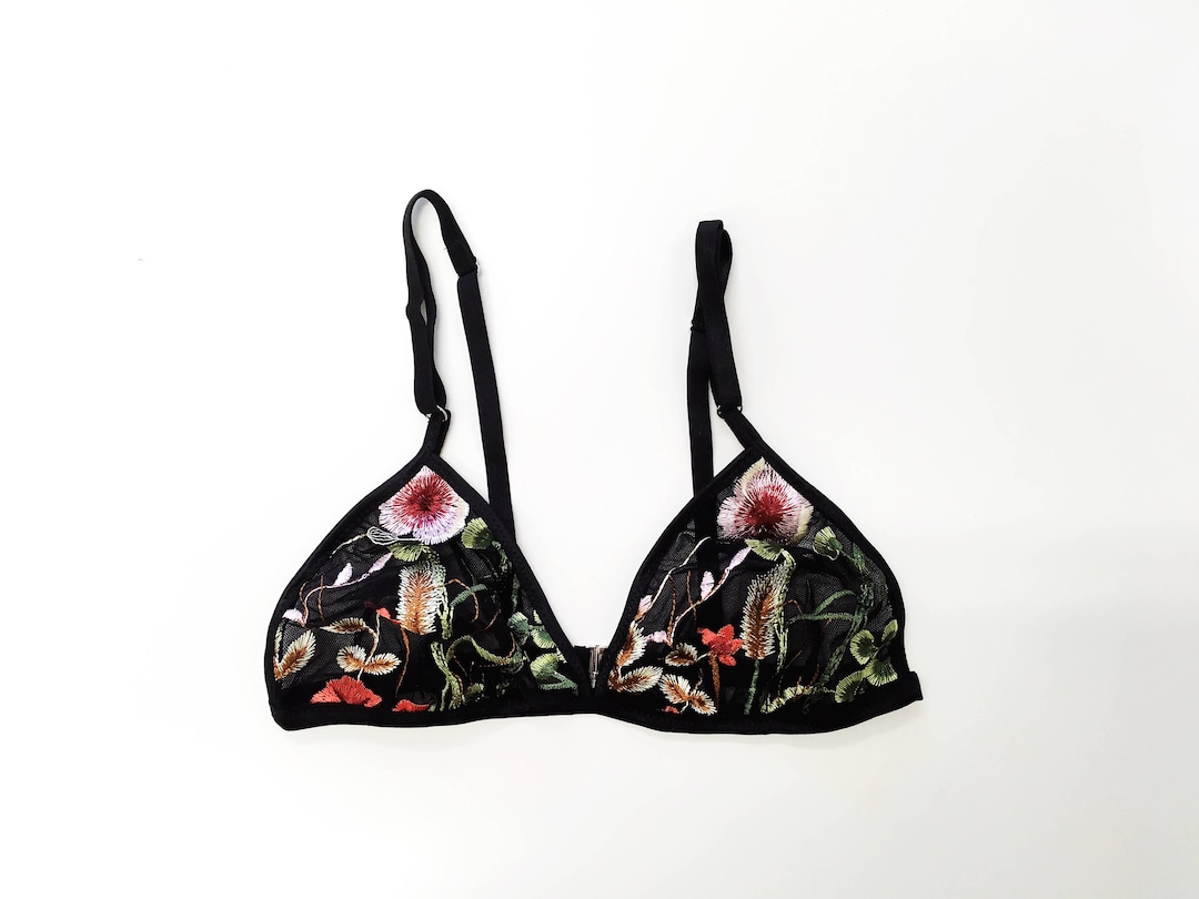 Embroidered Black Floral Bralette, Triangle Bra, Mesh Bralette