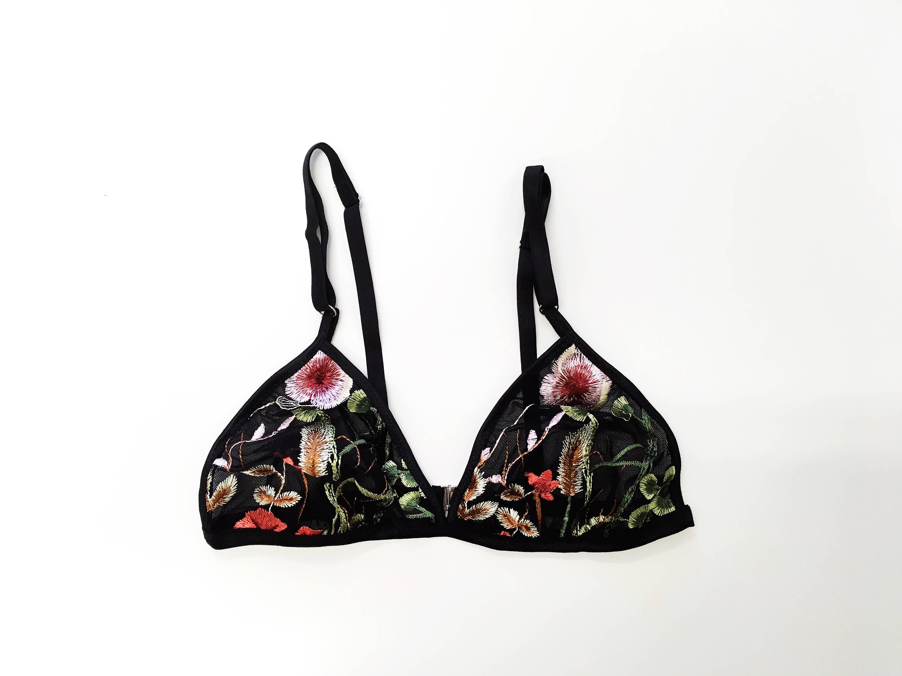 Embroidered Black Floral Bralette, Triangle Bra, Mesh Bralette, Valentines  Gift, Floral Print, Bridal Lingerie, Summer Lingerie, Embroidery 