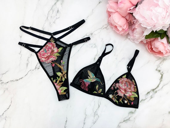 Embroidered Floral Lingerie Set With Strappy Thong, Boudoir Lingerie -   Norway