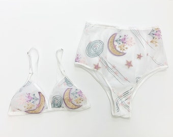 Embroidered moon and starburst lingerie set, brazilian panty, pastel lingerie, celestial bralette, boudoir lingerie set, bridal lingerie