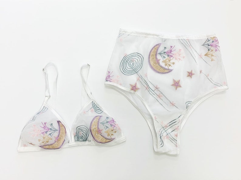 Embroidered moon and starburst lingerie set, brazilian panty, pastel lingerie, celestial bralette, boudoir lingerie set, bridal lingerie image 1