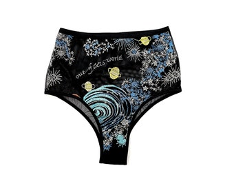 READY TO SHIP, multiple sizes, Black embroidered cosmos  brazilian panty, celestial tanga panty