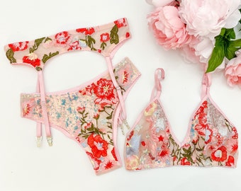 Pink sequin and embroidered floral lingerie set with garter belt