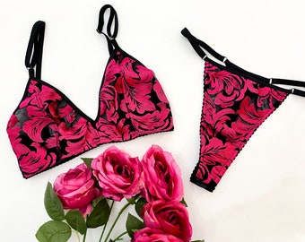 READY TO SHIP Hot pink and black embroidered lingerie set, boudoir lingerie, thong, embroidery, bridal lingerie