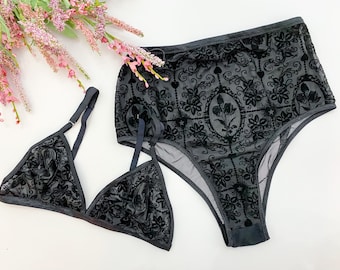 Black flocked gothic lingerie set, triangle bra, back bralette, high waist panties, brazilian panty