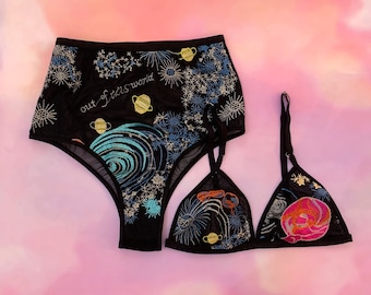 Black embroidered cosmos lingerie set, brazilian panty, celestial bralette, boudoir lingerie set