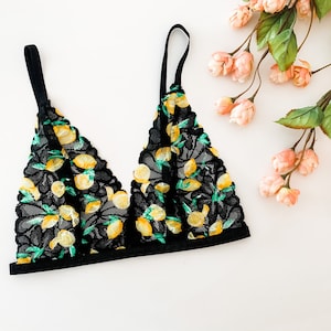 Lemon printed lace bralette, simple lace bralette, triangle bralette, black lace bra, lace lingerie, everyday bralette