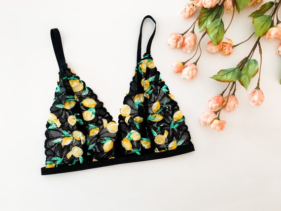 Lemon Printed Lace Bralette, Simple Lace Bralette, Triangle Bralette, Black  Lace Bra, Lace Lingerie, Everyday Bralette 