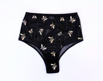 READY TO SHIP, Small - Medium, Embroidered bee high waist panty, boudoir lingerie, bee print, brazilian panty, embroidered lingerie