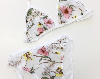 White floral embroidered lingerie set, triangle bra, bikini cut panties, floral print, low rise panty, bridal lingerie, flowers