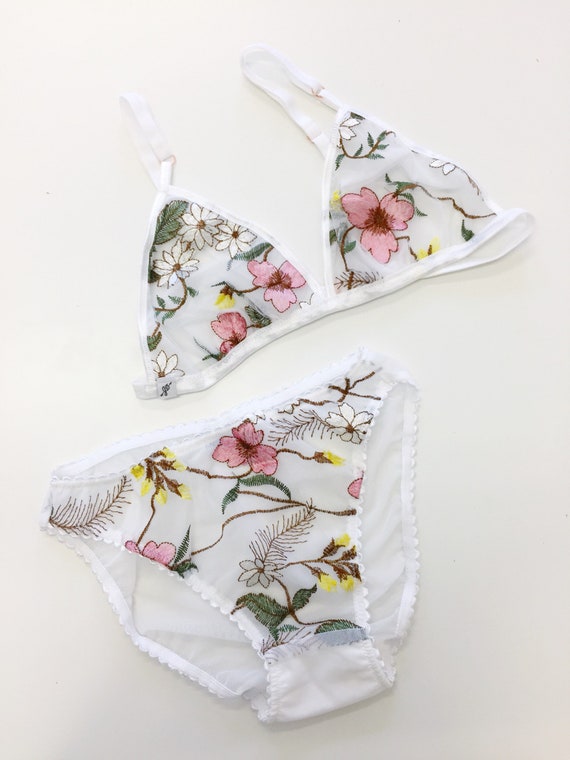 Buy White Floral Embroidered Lingerie Set, Triangle Bra, Bikini Cut  Panties, Floral Print, Low Rise Panty, Bridal Lingerie, Flowers Online in  India 