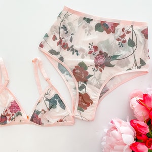 Floral lingerie set, triangle bralette, lingerie set, high waist panties, lingerie set gift, valentines day, mesh lingerie, boudoir