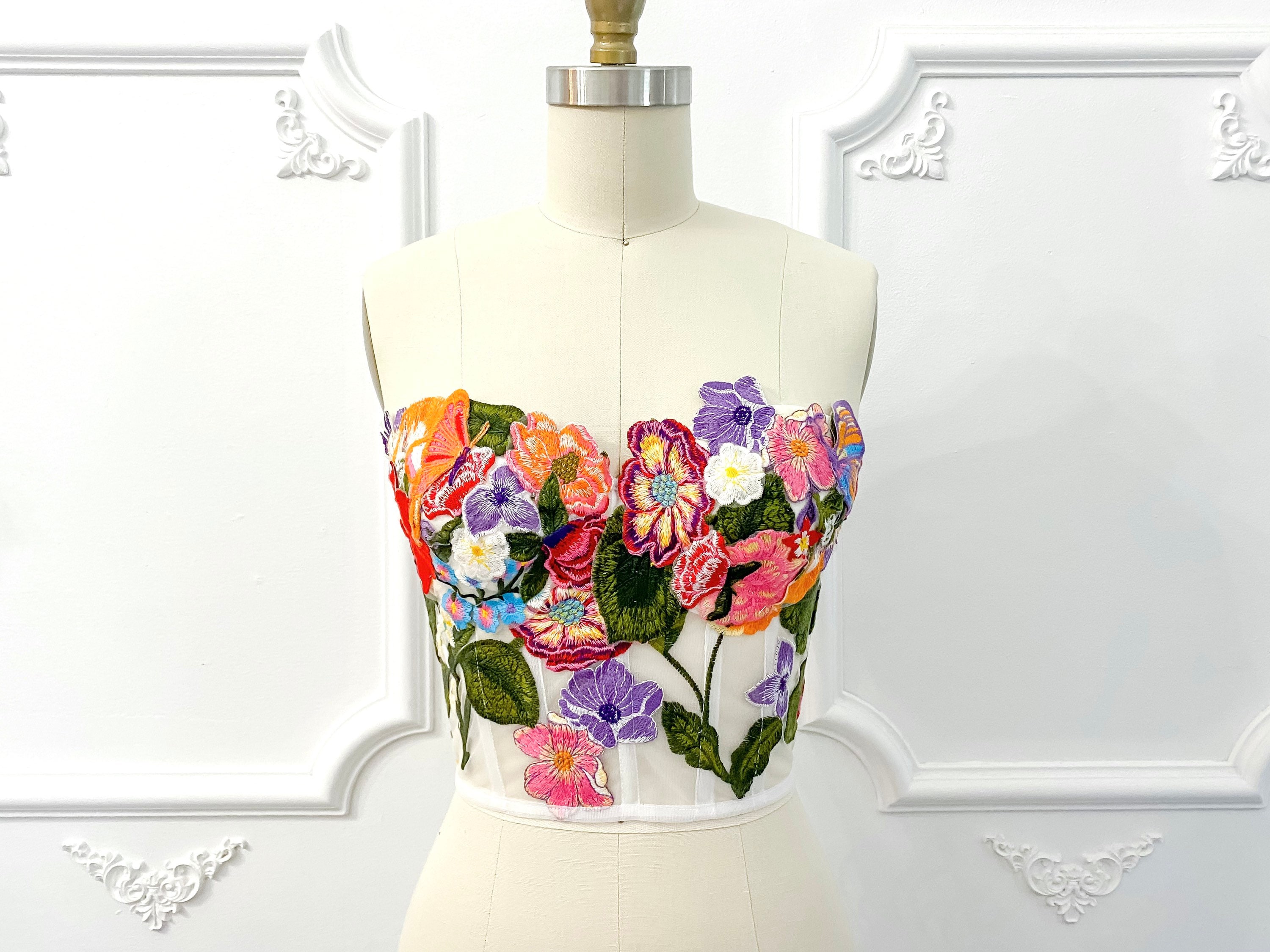 Embroidered Floral and Butterfly Corset Top, Wedding Corset, Floral Wedding  Dress, Flower Corset, Sheer Corset 