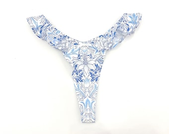 READY TO SHIP Blue and white print cotton ruffle thong panty, French cut