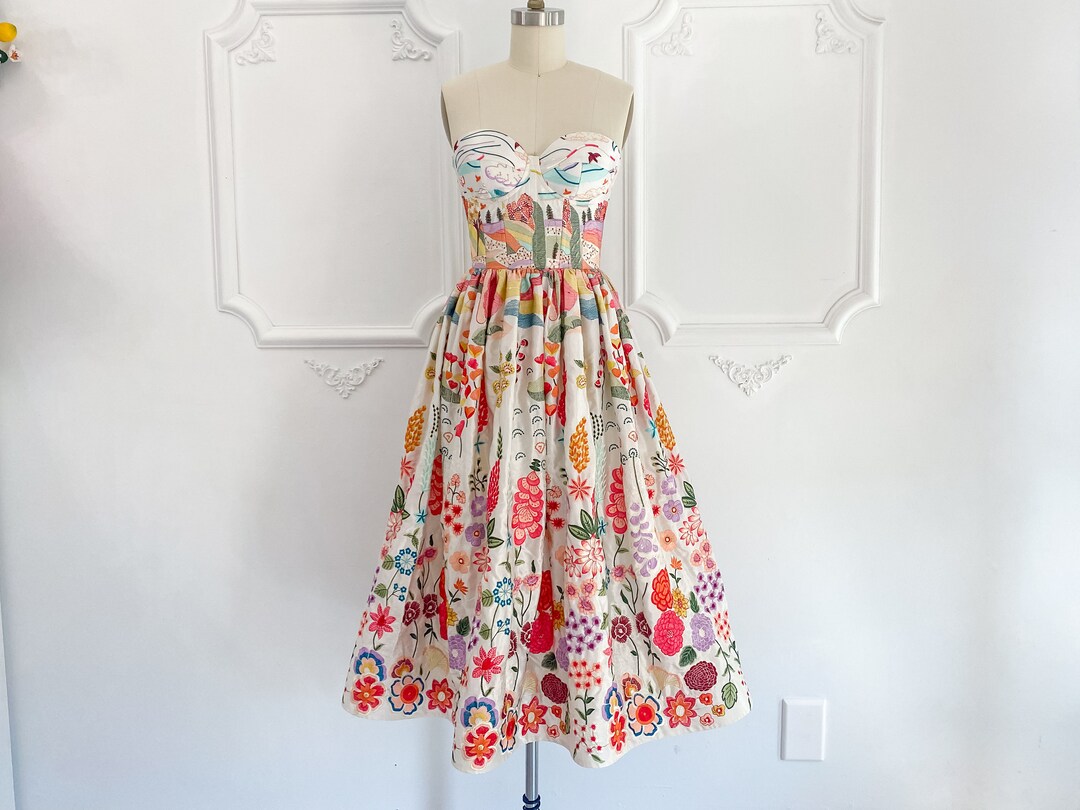 Tea length satin embroidered floral dress, floral corset wedding dress, embroidered dress, spring wedding dress