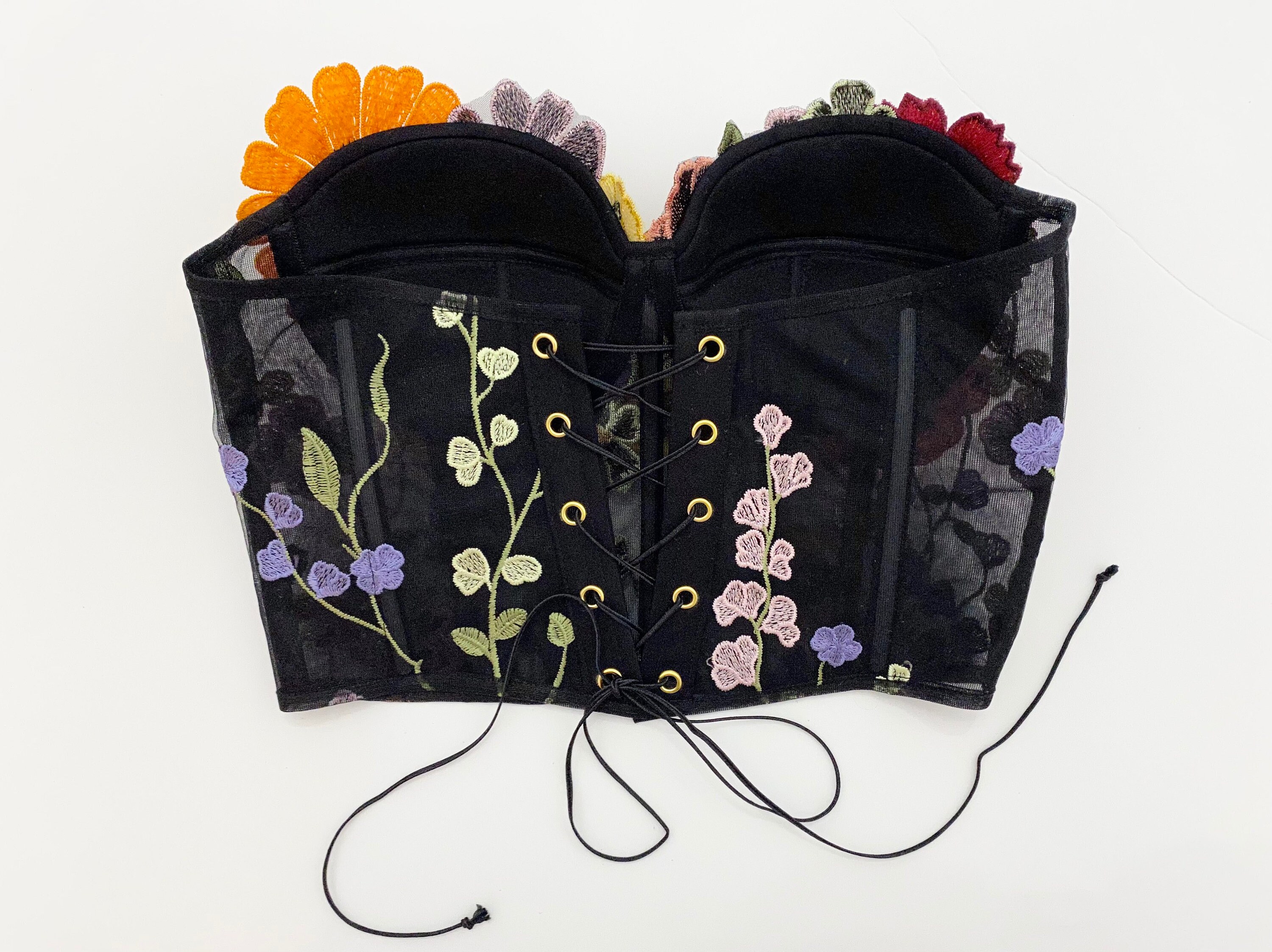 Embroidered Black Floral Corset Top, Wedding Corset, Flower Corset