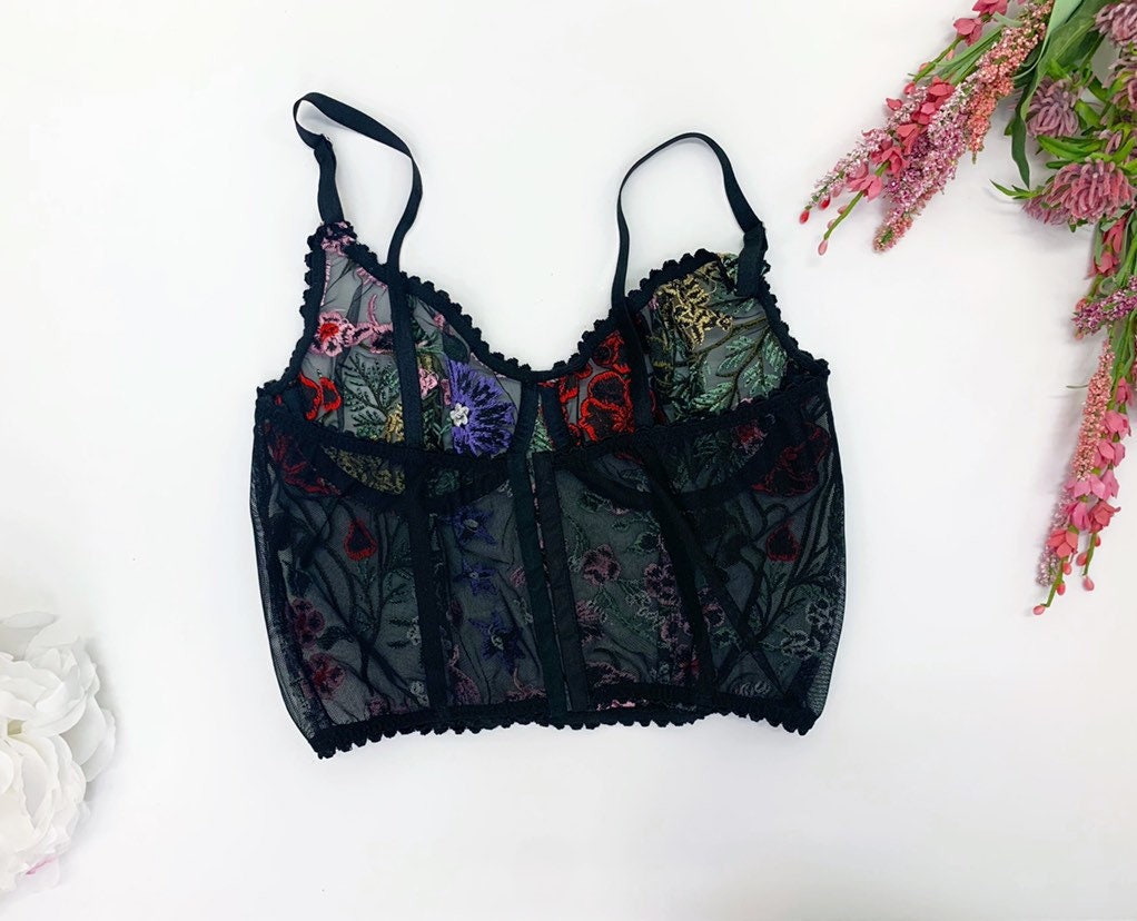Black Floral Embroidered Bra Boudoir Lingerie Underwired - Etsy Canada
