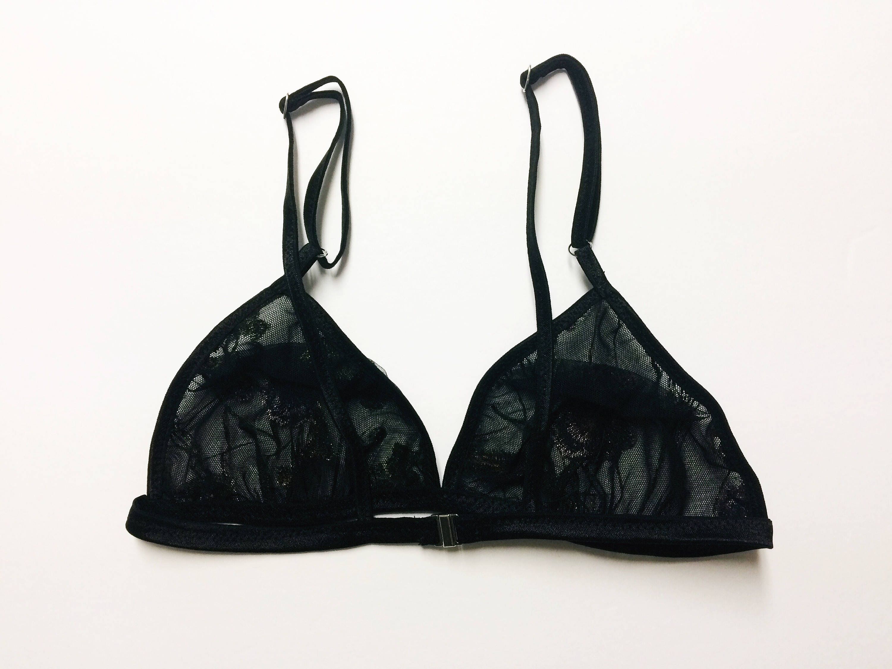 Embroidered Black Floral Bralette, Triangle Bra, Mesh Bralette