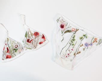 Embroidered floral lingerie set, triangle bra, white bralette, bikini cut panties, floral print, low rise panty, bridal lingerie, flowers