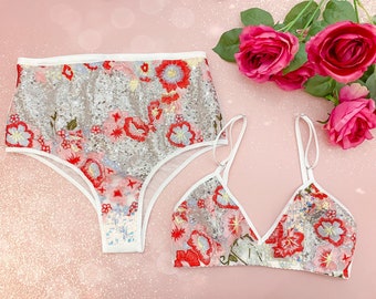 Silver and pink sequin floral embroidered bohemian floral lingerie set, triangle bra, back bralette, high waist panties, brazilian panty