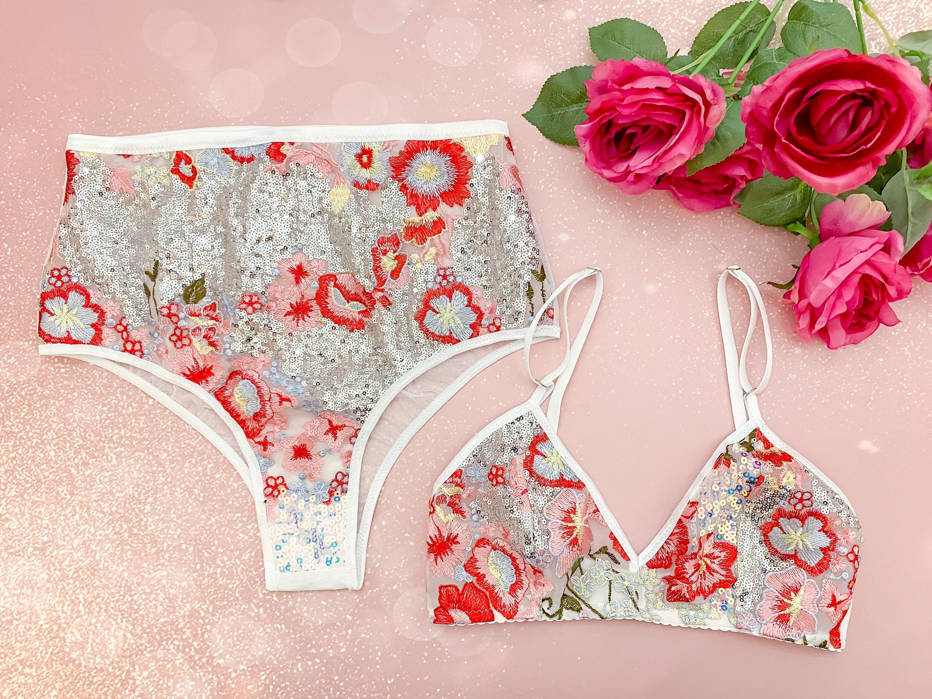 Silver and Pink Sequin Floral Embroidered Bohemian Floral Lingerie Set, Triangle  Bra, Back Bralette, High Waist Panties, Brazilian Panty -  Australia
