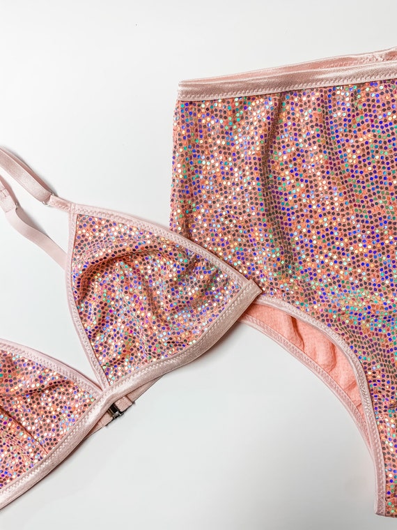Pink Disco Sequin Lingerie Set, Sequin Bralette, Brazilian Panty