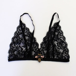Black Lace Triangle Bralette With Bee Embellishment, Bees Valentines ...