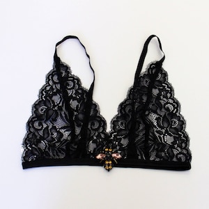 Black lace triangle bralette with bee embellishment, bees valentines gift, floral print, bridal lingerie, summer lingerie, embroidery