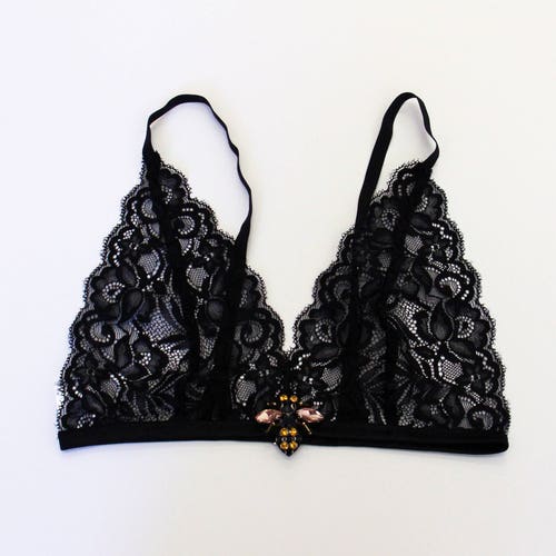 Black Lace Triangle Bralette With Bee Embellishment Bees - Etsy