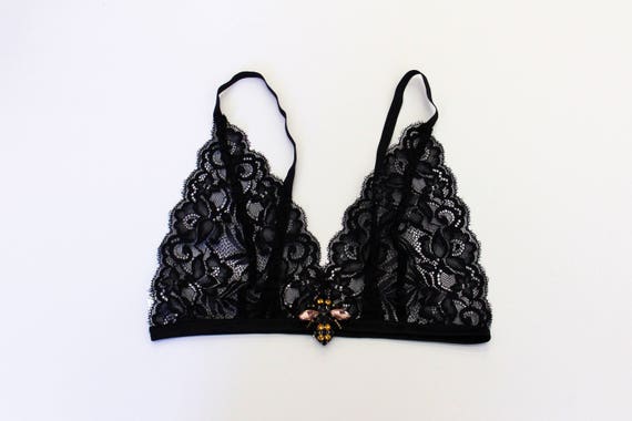 Black Lace Triangle Bralette With Bee Embellishment, Bees