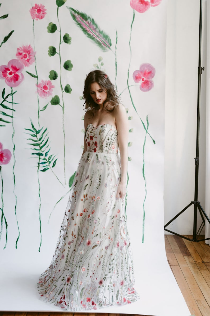 Embroidered Gown, floral wedding dress, embroidered prom dress, spring wedding dress image 4