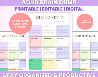 Puede incluir: Planificador imprimible y editable ADHD Brain Dump con secciones coloridas para tareas, citas y notas. Incluye opciones de tamaño A4 y carta. El texto "ADHD Brain Dump" y "Stay Organized & Productive" son visibles.