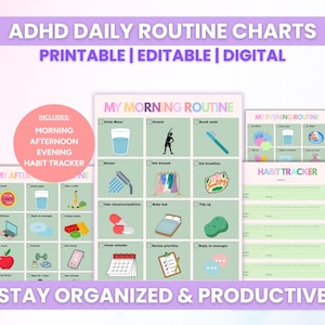 以下が含まれることがあります： 「印刷可能 | 編集可能 | デジタル」のテキストが入った、ADHDの毎日のルーチンチャート。チャートには、朝、午後、夜の習慣トラッカーが含まれています。画像は、イラストとテキストが入った「私のモーニングルーティン」チャートを示しています。