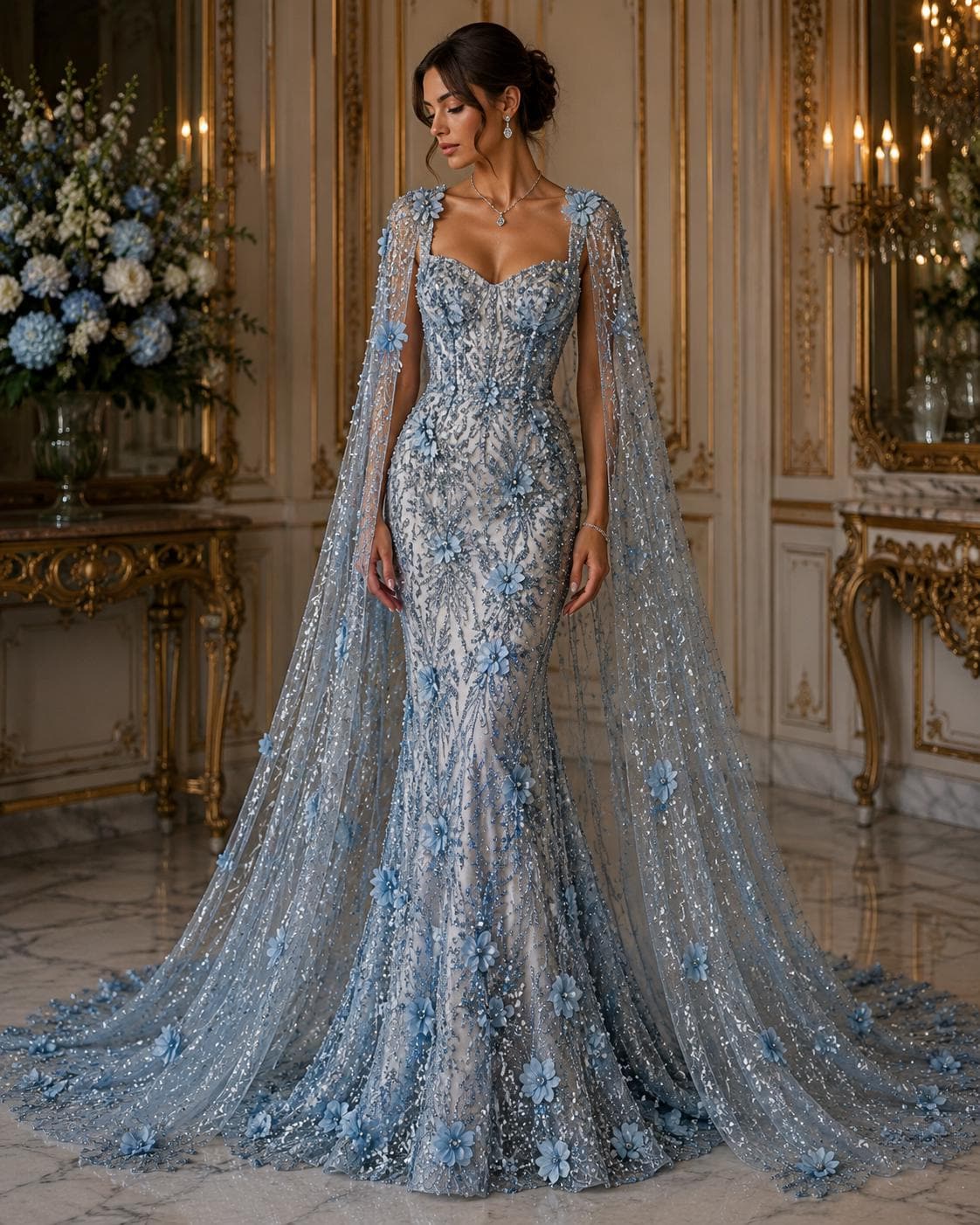 light blue dress with gold jewelry and matching accessories for light blue dress