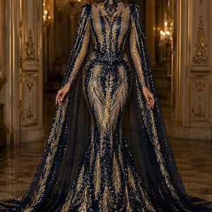 Blue and Gold Evening Dress - Etsy Blue and Gold Evening Dress - Etsy