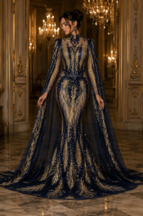 navy and gold embellished dress NAVY/GOLD - Lux Iridescent Sequin Embroidered Mesh Fabric - Luxury Blue Lace by the Yard layering slip dress