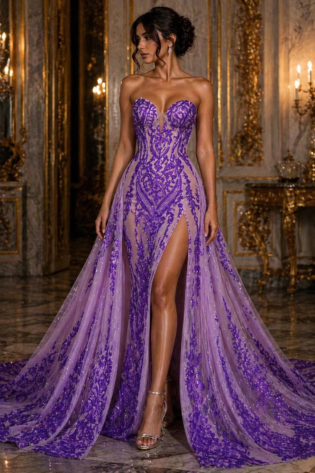 orchid evening dress ASHLEYlauren 11236 - Orchid Floral Sequin Beaded Gown main image 1